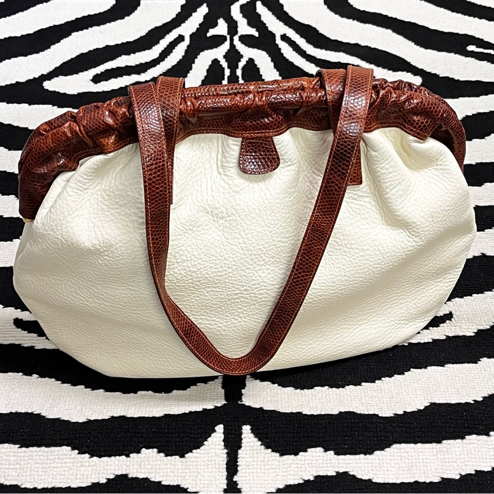 Vintage Furla Leather Croc Embossed Frame Clutch Bag Satchel Barrel Bag